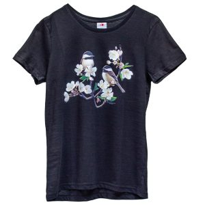 donna tshirt elasticizzata con stampa cince sui fiori