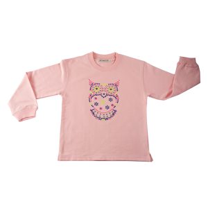 t-shirt bambina rosa con stampa gufetto con borchie