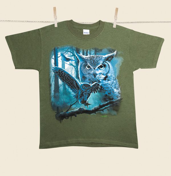 t-shirt bambino verde con disegno gufo nella notte