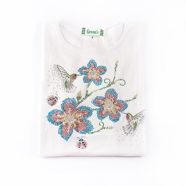 t-shirt donna bianca con stampa colibri