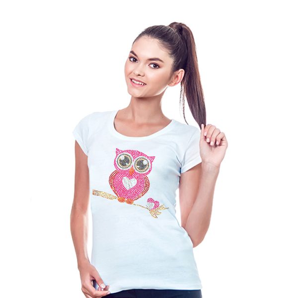 t-shirt donna bianca con stampa gufo rosa