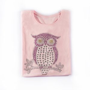 t-shirt donna rosa con stampa gufo con borchie