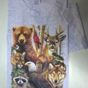 t-shirt grigia con stampa animali