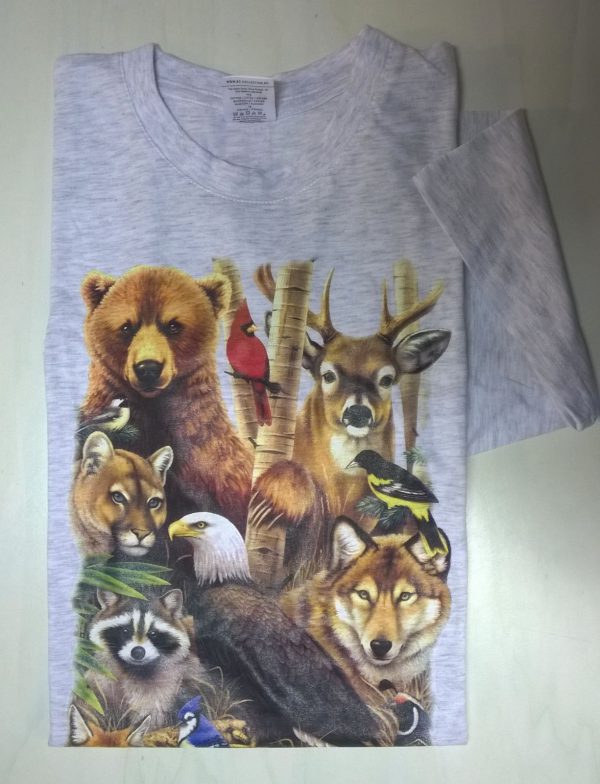 t-shirt grigia con stampa animali