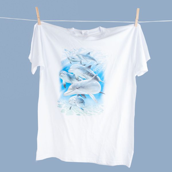 t-shirt unisex bianca con stampa delfini