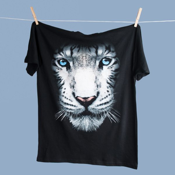 t-shirt unisex nera con stampa tigre bianca